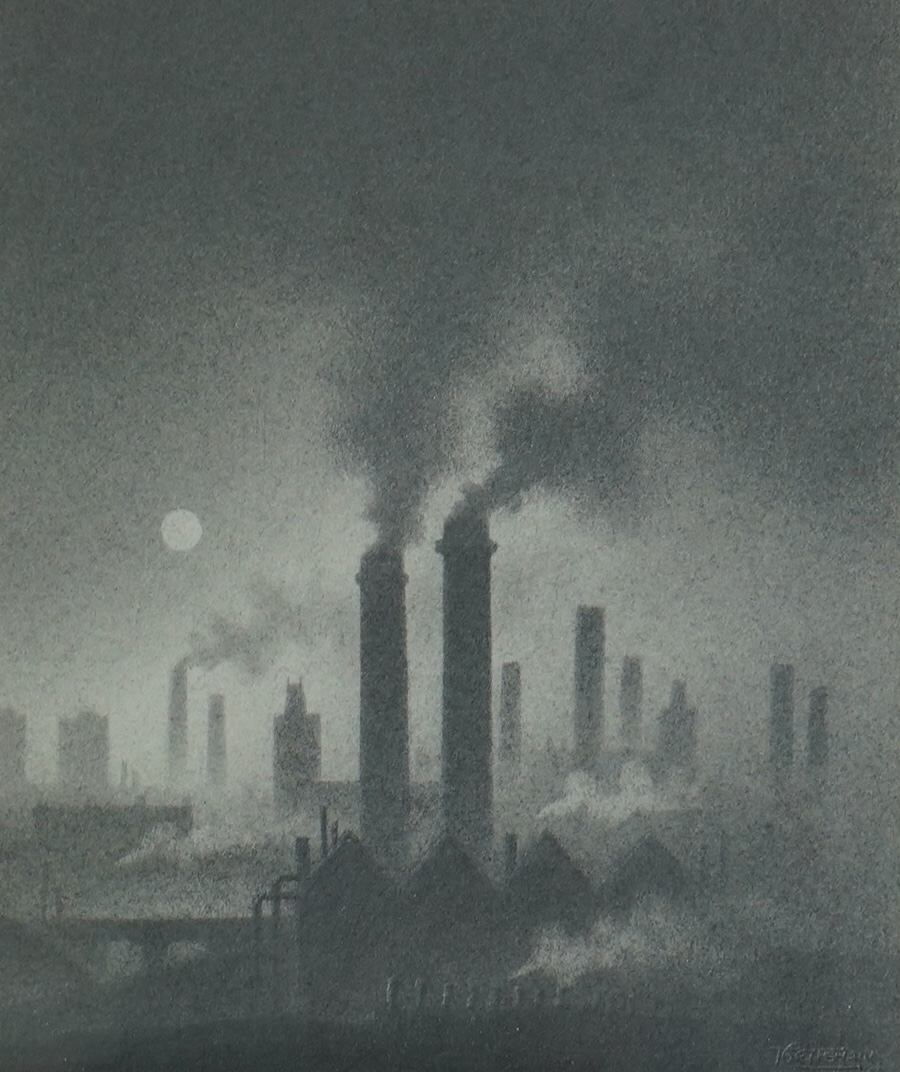 Trevor Grimshaw (English, 1947-2001), Factory chimneys, graphite on paper, 16 x 13.5cm